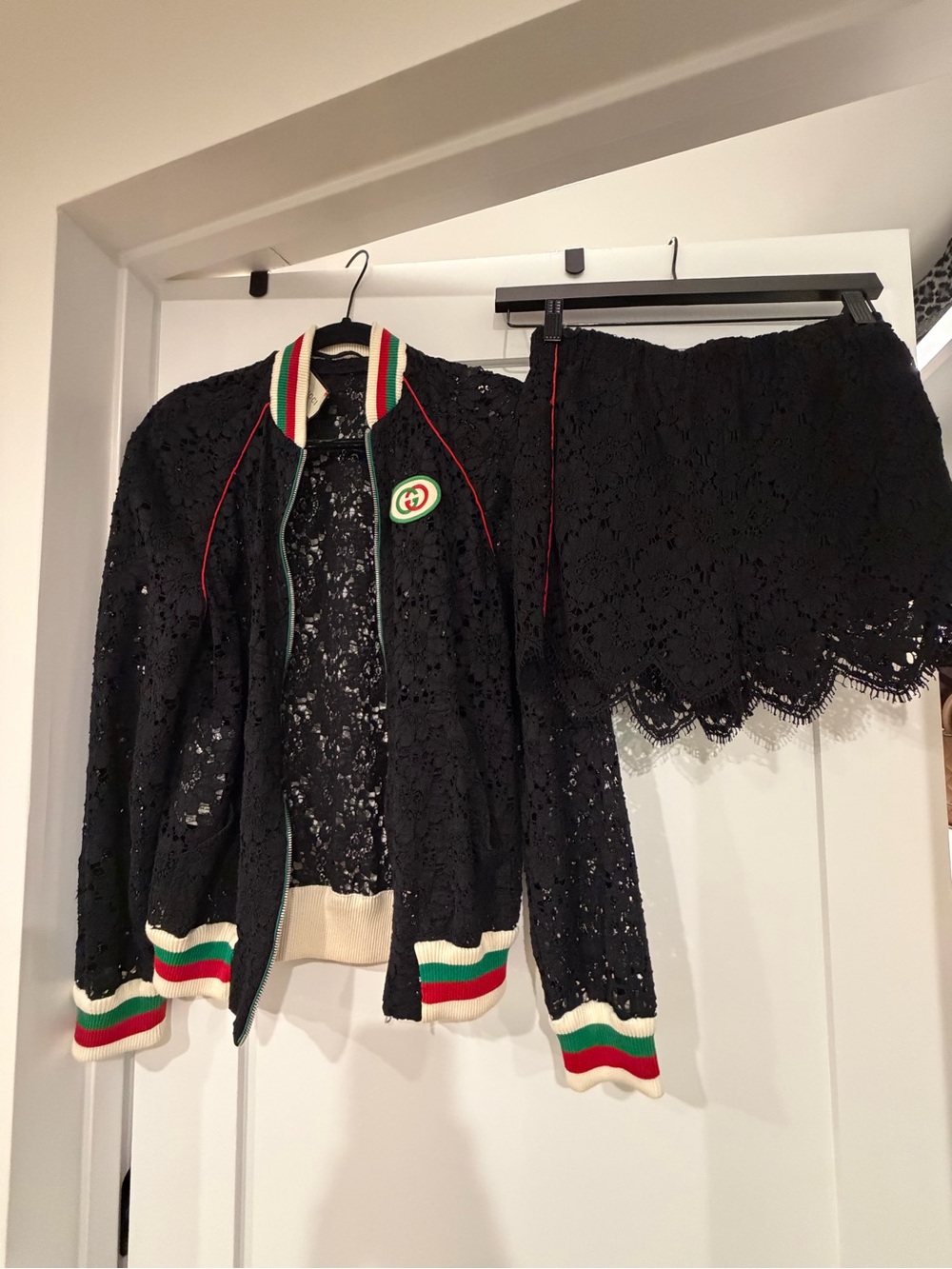 Gucci Black Lace Bomber Jacket with Red-Green-White Stripe Trim
